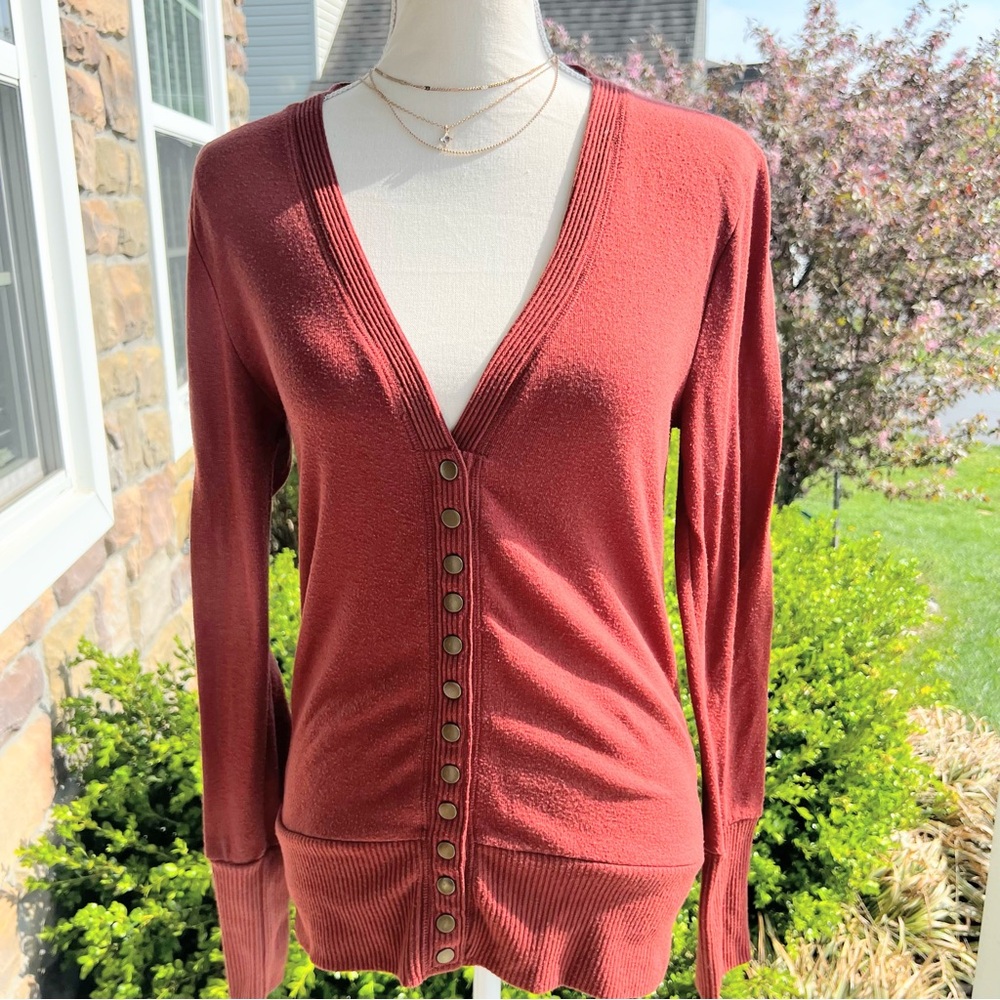 Zara Knit Rust Orange Brown Deep V-Neck Button Cardigan Size Medium